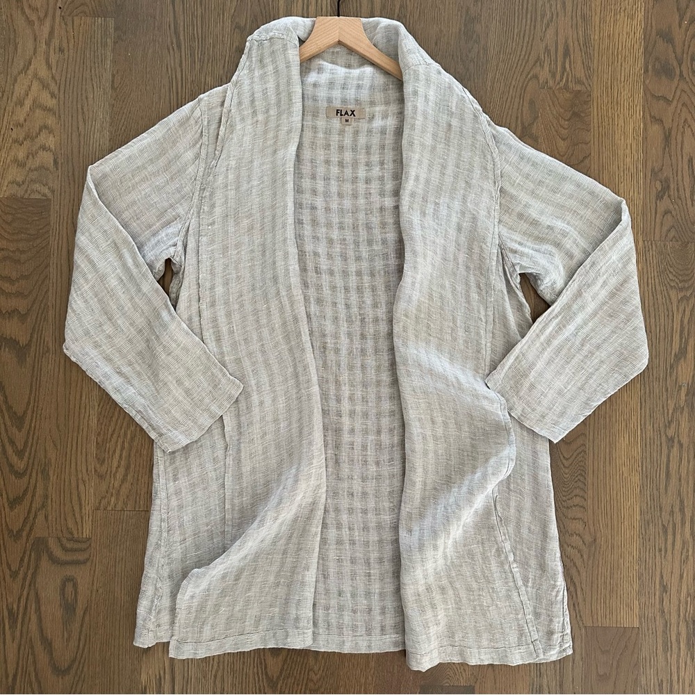 Vintage Rare Flax Crosshatch 100% Linen Draped Top in Tan and White Size Medium